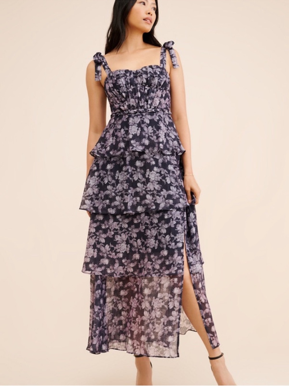 Anthropologie Navy and Lavender Floral Tiered High-Low Dress